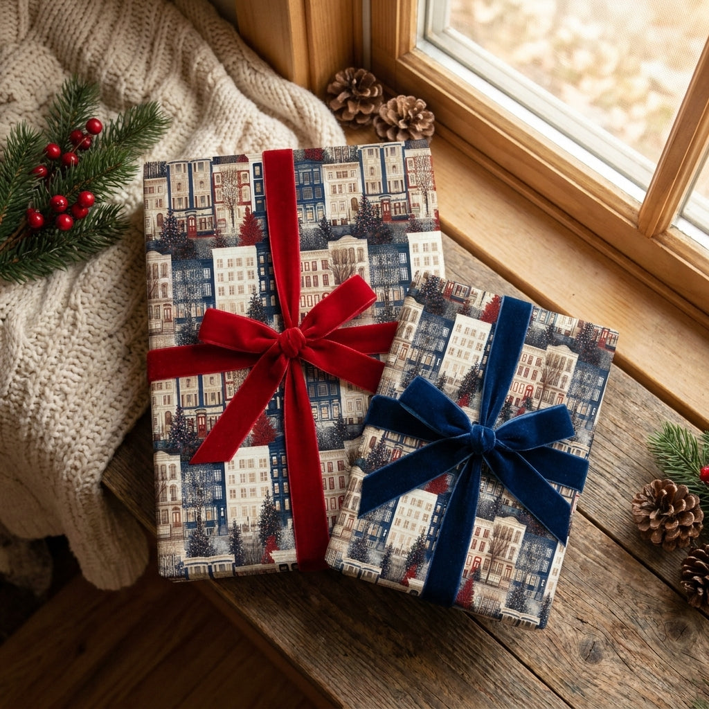 Winter town Christmas wrapping paper with luxury velvet ribbons by Wrapped Studios.