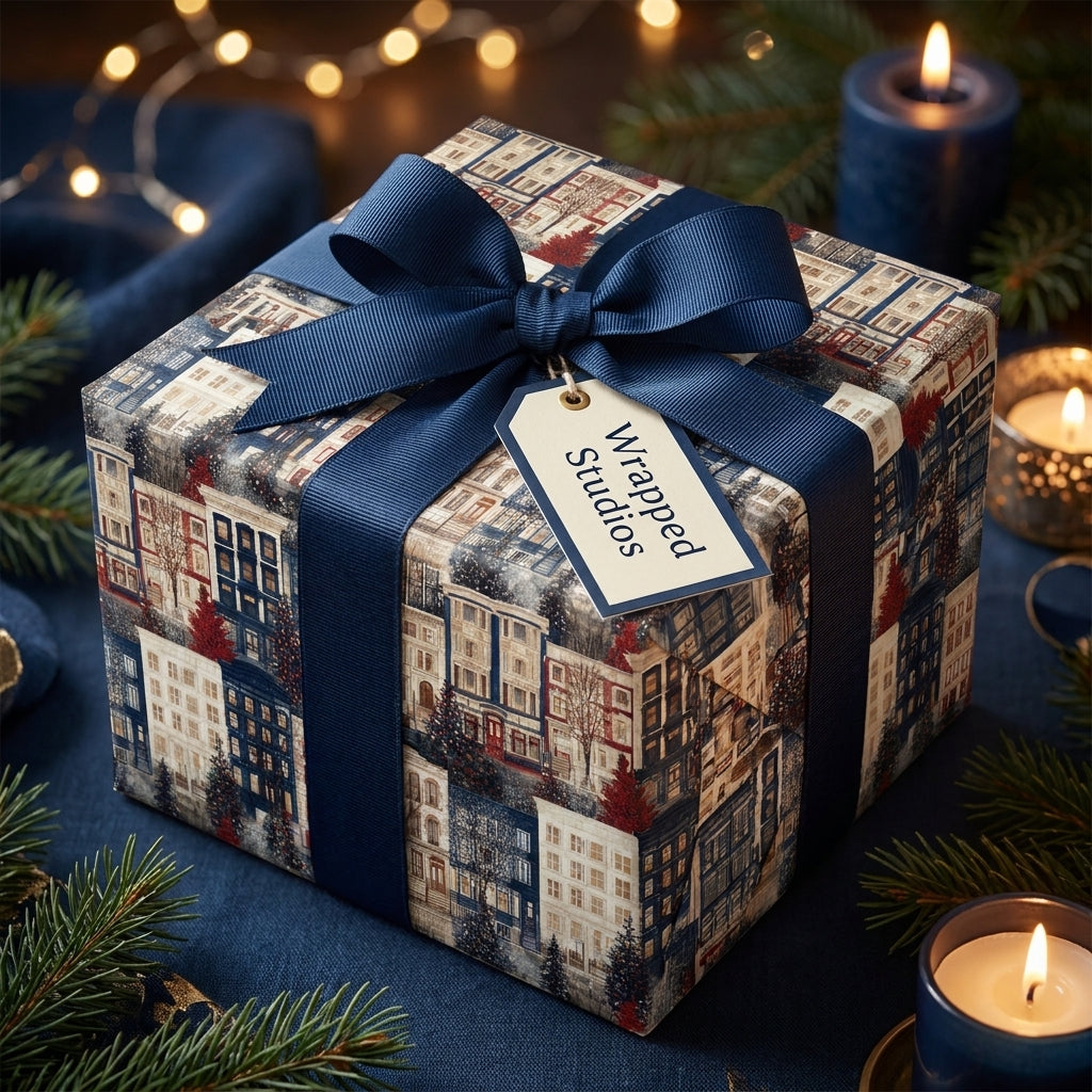 Christmas wrapping paper with winter village pattern and luxury navy ribbon by Wrapped Studios.