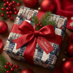 Vintage winter town Christmas gift wrap with red satin bow and Merry Christmas tag by Wrapped Studios.