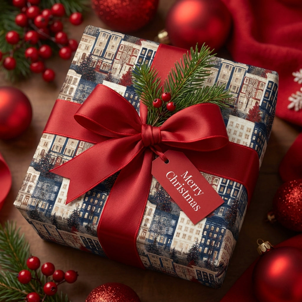 Vintage winter town Christmas gift wrap with red satin bow and Merry Christmas tag by Wrapped Studios.