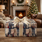 Luxury Christmas wrapping paper with a winter town scene and gold bow by Wrapped Studios.