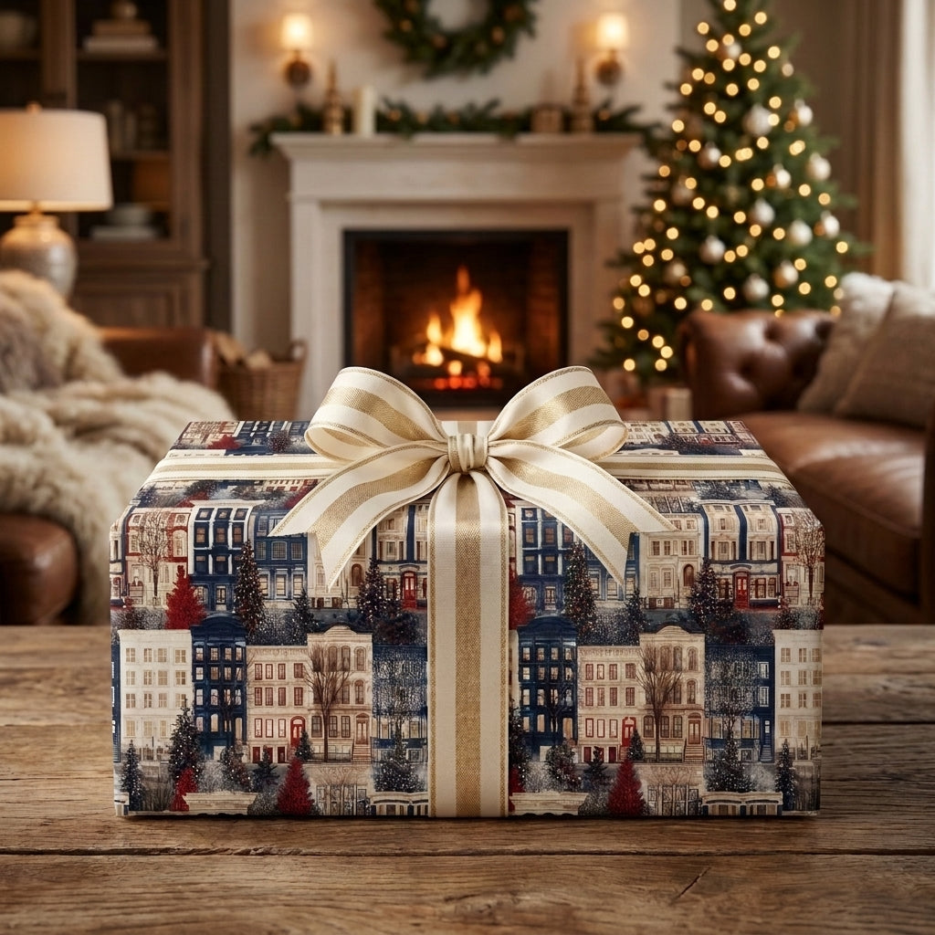 Luxury Christmas wrapping paper with a winter town scene and gold bow by Wrapped Studios.