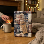 Cozy winter city Christmas wrapping paper with a twine bow and tag, by Wrapped Studios.