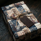 Vintage Christmas townhouse wrapping paper by Wrapped Studios, tied with rustic jute twine.
