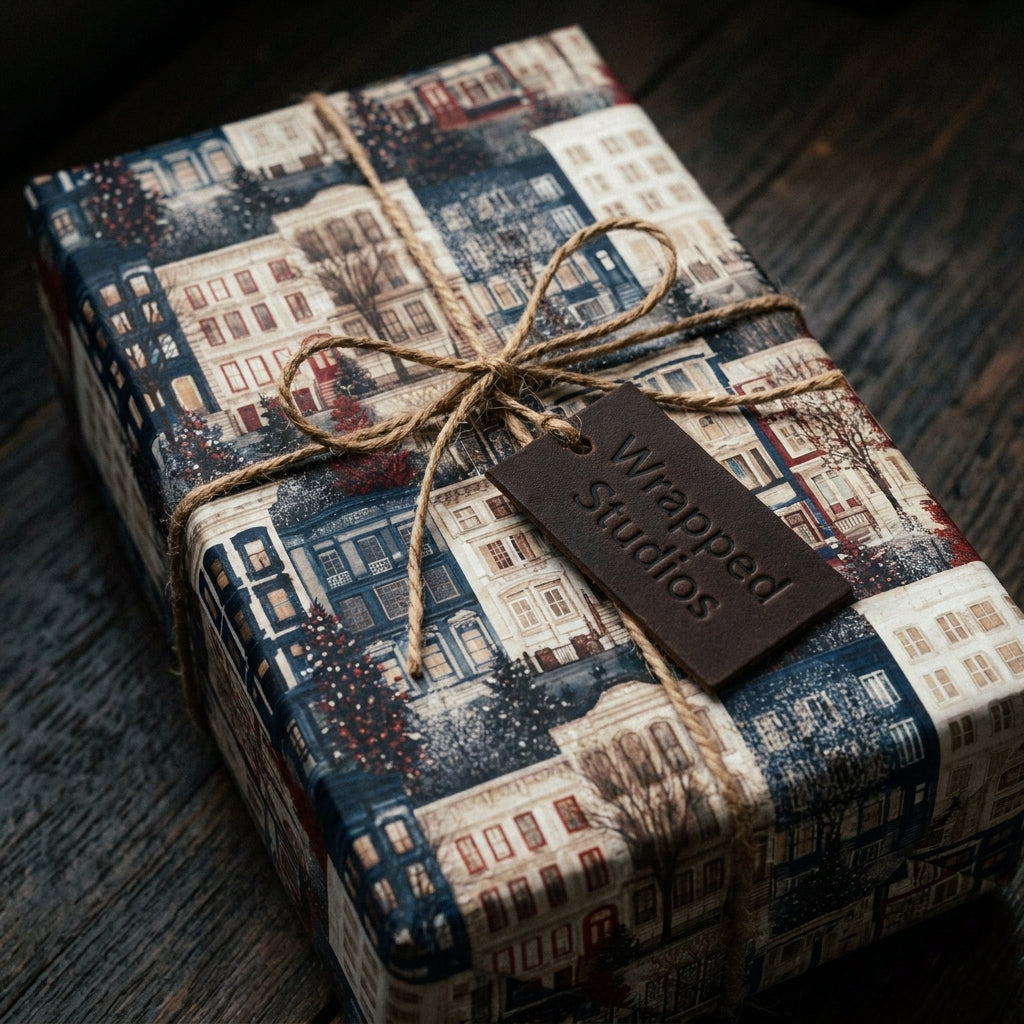 Vintage Christmas townhouse wrapping paper by Wrapped Studios, tied with rustic jute twine.