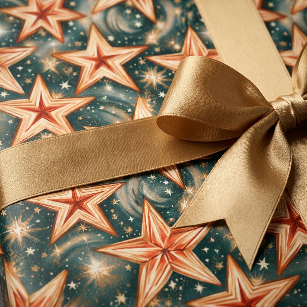 Luxury celestial wrapping paper with gold star pattern and satin ribbon bow by Wrapped Studios.