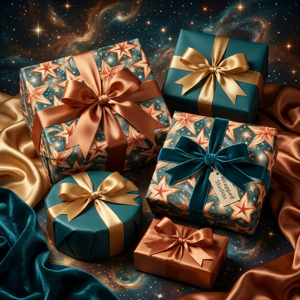 Luxury celestial wrapping paper with star patterns and satin ribbons by Wrapped Studios.