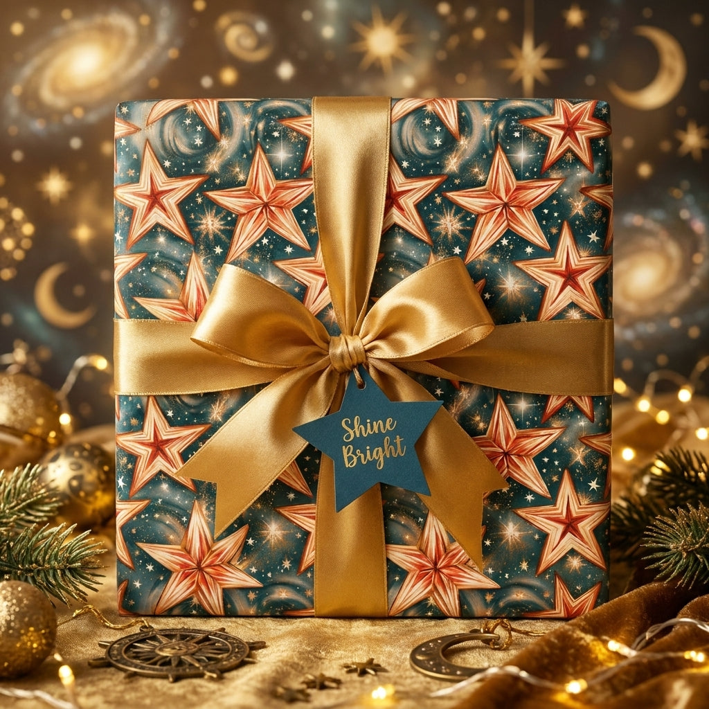 Starry celestial Christmas wrapping paper with a luxury gold bow by Wrapped Studios.