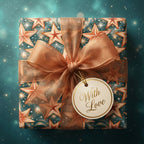 Luxury star Christmas wrapping paper in teal and copper with a sheer bow by Wrapped Studios.