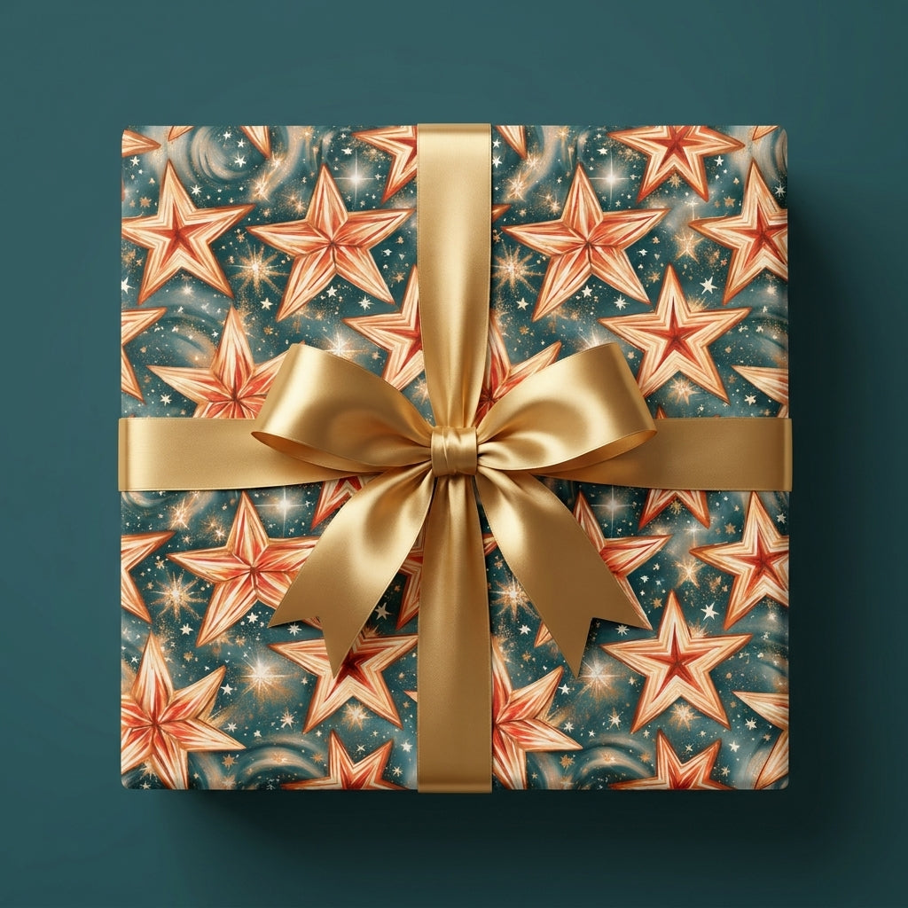 Luxury teal and gold star wrapping paper with a satin ribbon bow by Wrapped Studios.