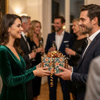 Man giving woman a gift wrapped in luxury star Christmas wrapping paper with a gold bow, by Wrapped Studios.