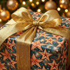 Luxury star Christmas wrapping paper with a metallic gold ribbon bow by Wrapped Studios.