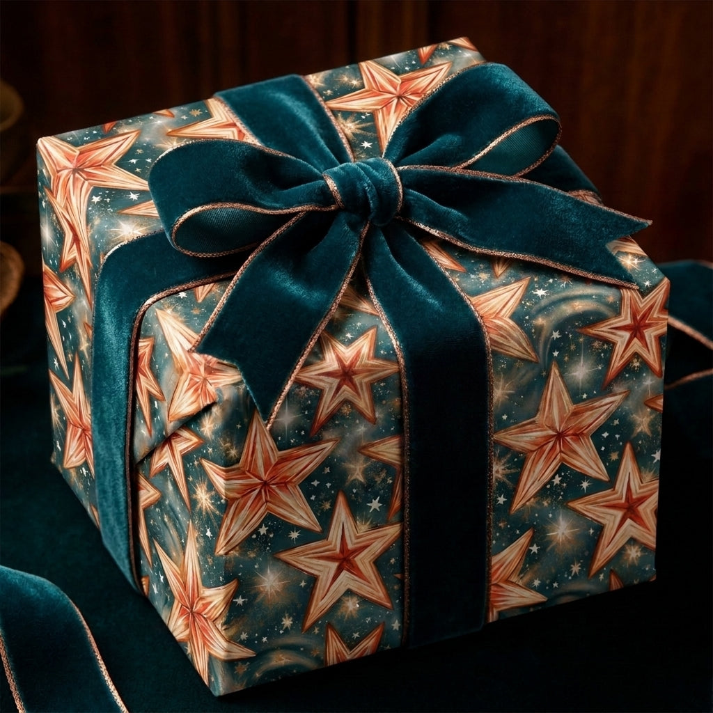 Celestial star Christmas wrapping paper with a teal velvet bow on a luxury gift box by Wrapped Studios.