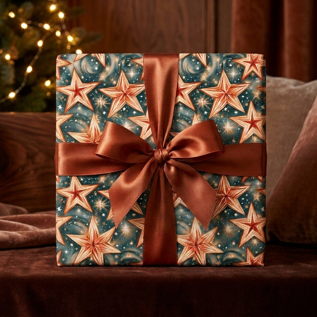 Elegant teal and gold star Christmas gift wrap with a bronze satin bow by Wrapped Studios.