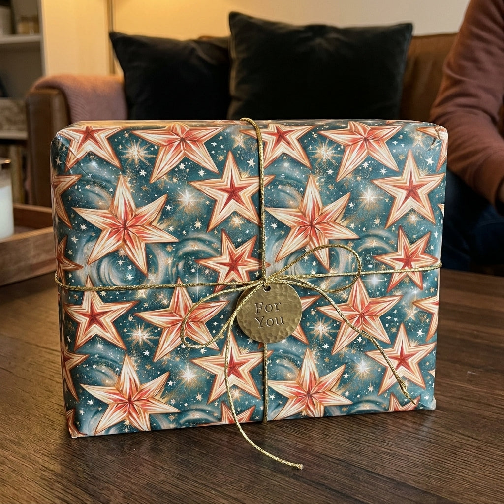 Teal celestial star wrapping paper on a holiday gift with gold string, by Wrapped Studios.
