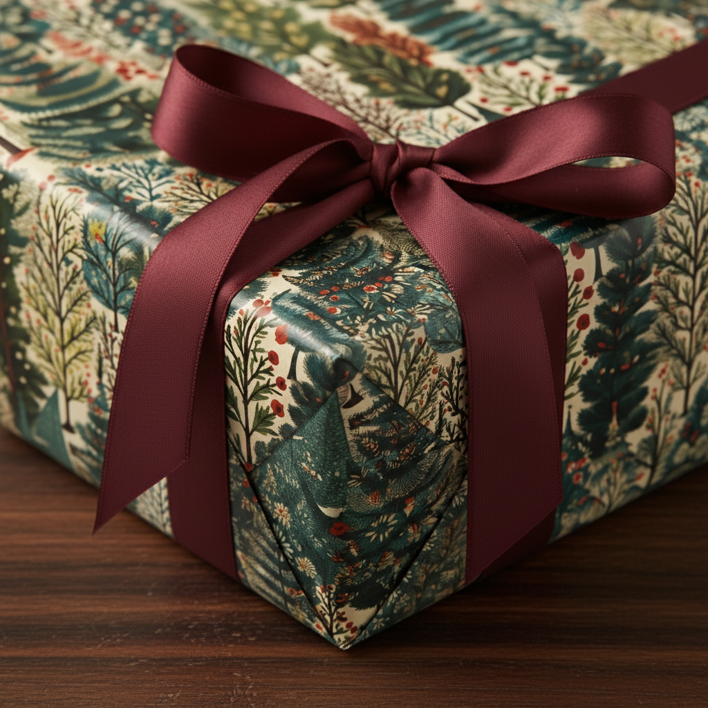 Elegant gift wrapped in festive botanical Christmas wrapping paper with a dark red satin bow.