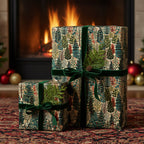 Elegant Christmas gift wrap with velvet ribbon, featuring a forest tree pattern and warm fireplace background.