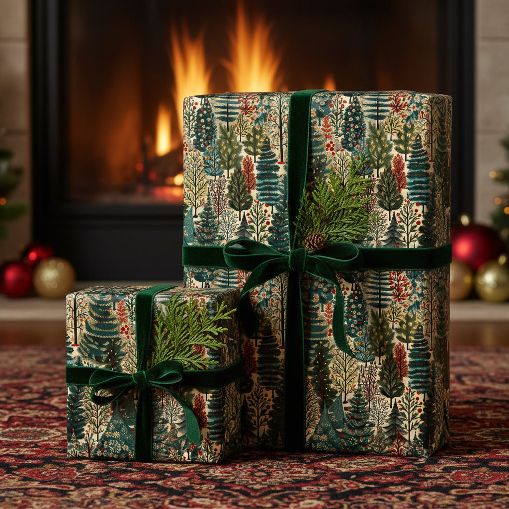 Elegant Christmas gift wrap with velvet ribbon, featuring a forest tree pattern and warm fireplace background.