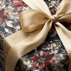 Elegant floral gift wrap in dark gray with red flowers and a gold ribbon bow.