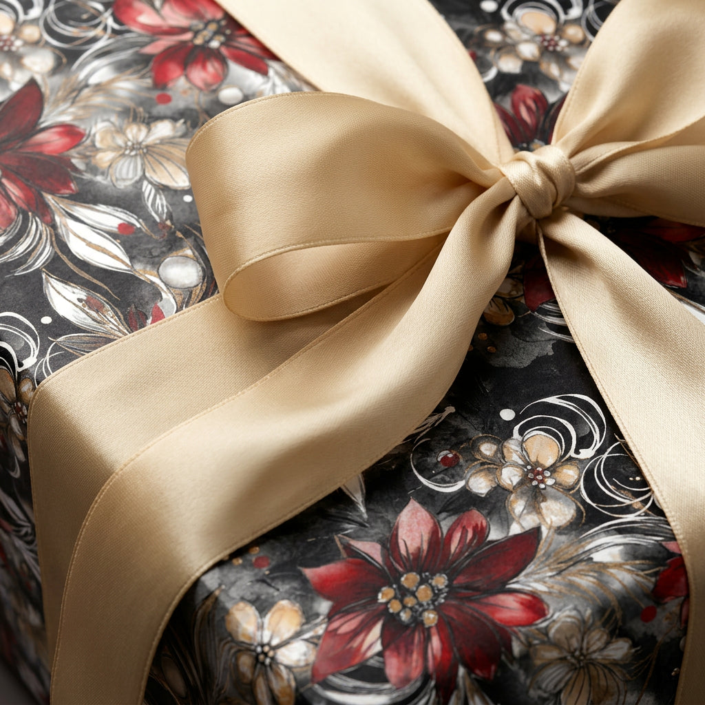 Elegant floral gift wrap in dark gray with red flowers and a gold ribbon bow.