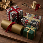 Elegant Christmas gifts wrapped in floral wrapping paper with red and gold velvet ribbon, Wrapped Studios.