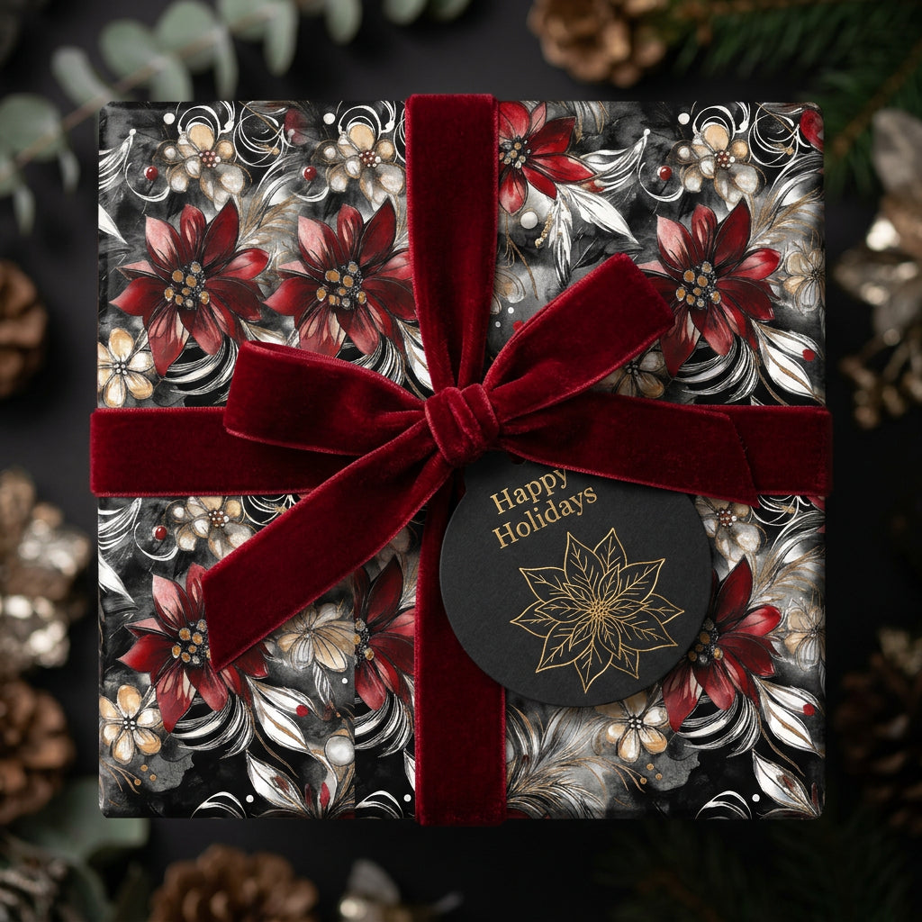 Elegant Christmas gift wrapped in floral paper with red velvet ribbon and "Happy Holidays" tag.