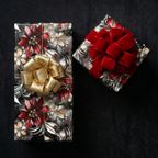 Elegant floral wrapping paper in red, gold, and black, with velvet ribbons. Perfect luxury gift wrap.
