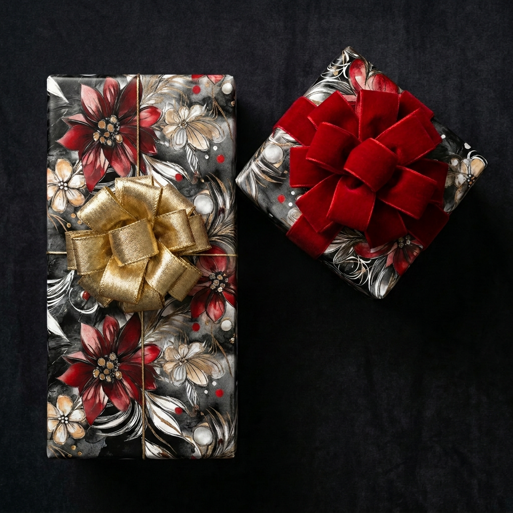Elegant floral wrapping paper in red, gold, and black, with velvet ribbons. Perfect luxury gift wrap.