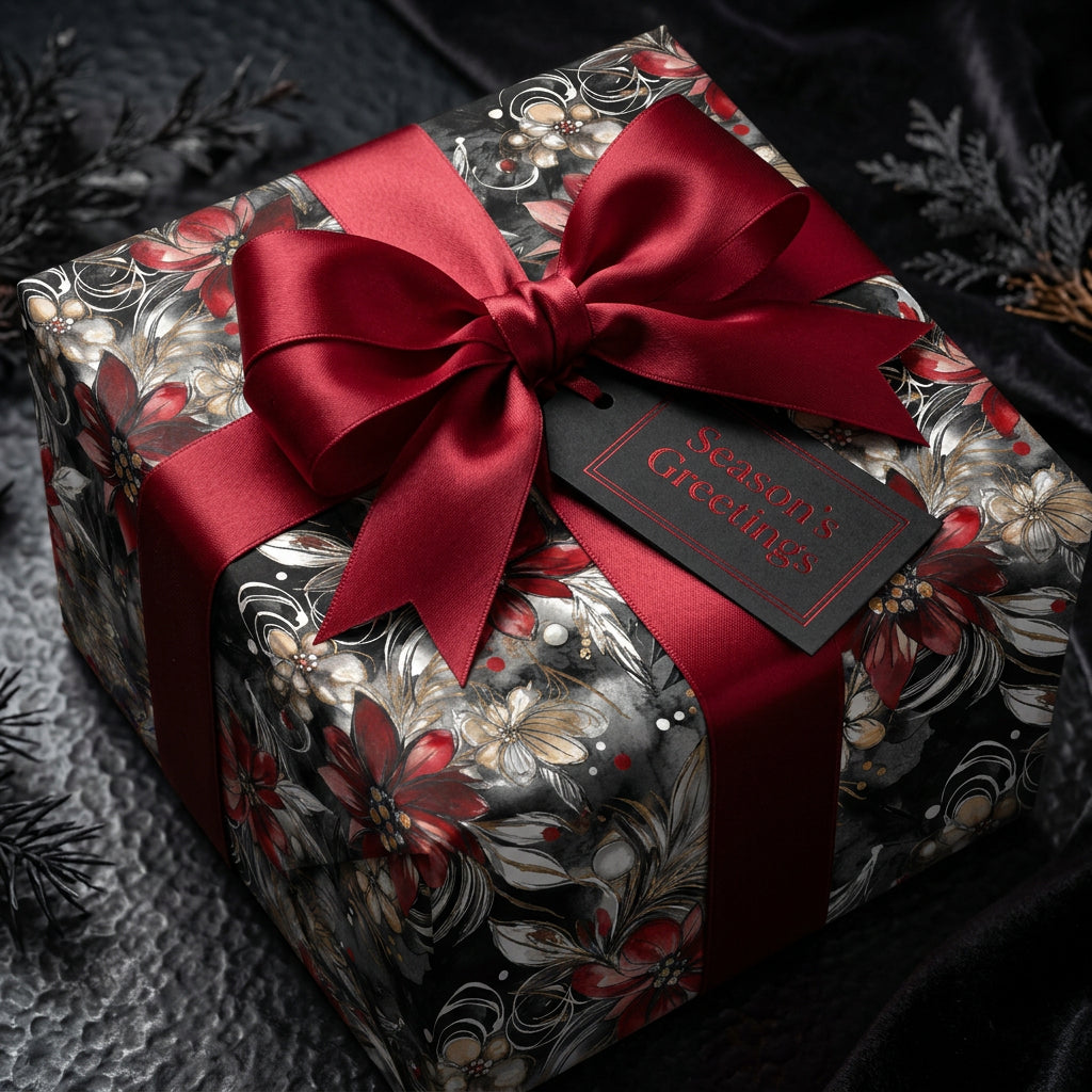 Luxury Christmas gift wrap: Black floral paper with red satin ribbon, "Season's Greetings" tag.