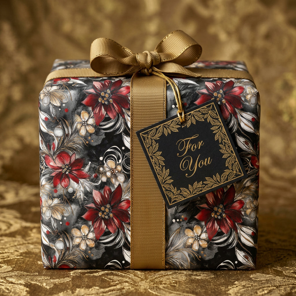 Elegant floral gift wrap, with red poinsettias and a gold ribbon, perfect for Christmas or a special occasion.