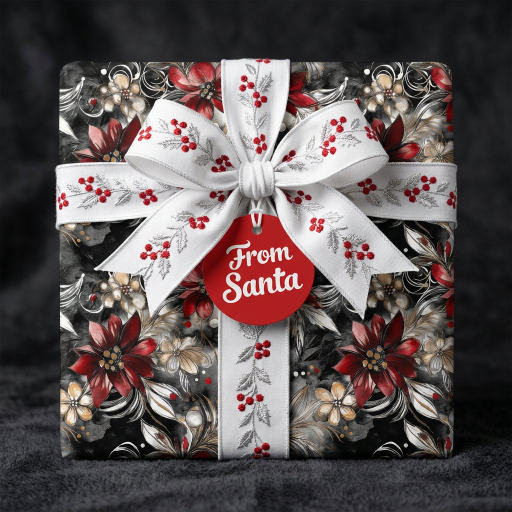 Elegant Christmas gift wrapped in floral wrapping paper with a white embroidered ribbon and "From Santa" tag.