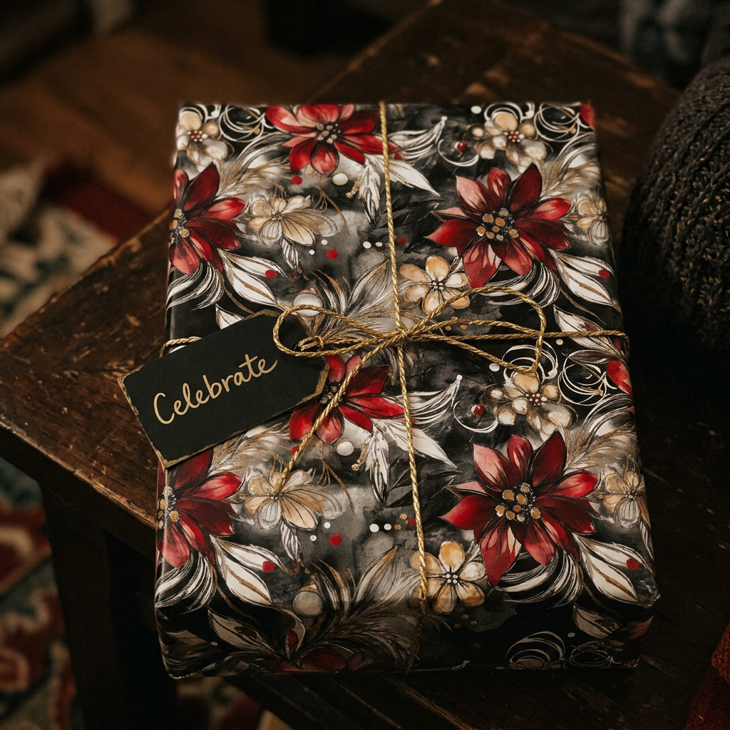 Elegant floral wrapping paper in red and gold for a celebration from Wrapped Studios.