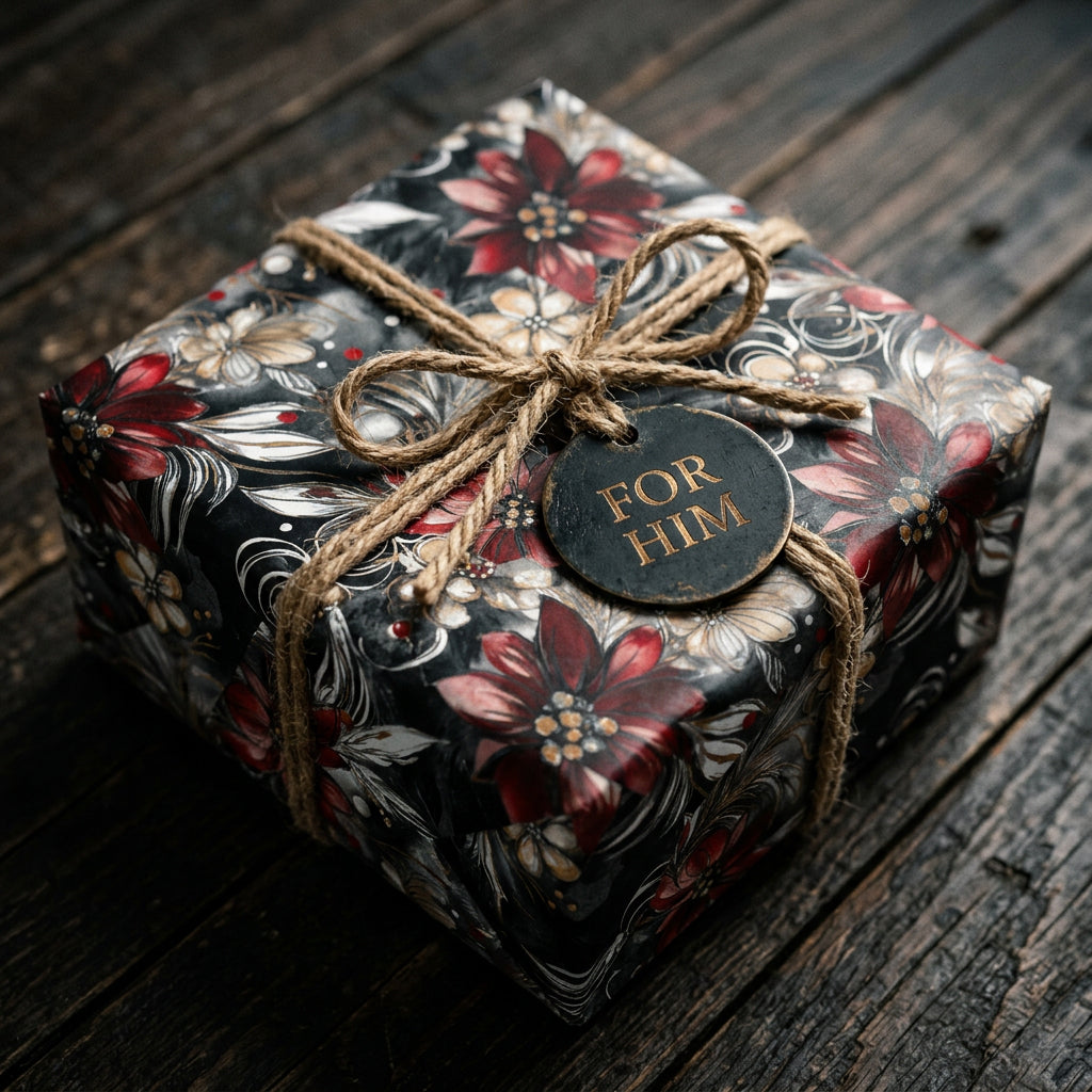 Elegant floral wrapping paper on a present for him, tied with rustic twine ribbon.