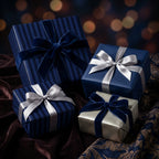 Elegant blue & silver gift boxes wrapped with ribbon, perfect for Christmas gift wrap or luxury birthday wrapping paper.