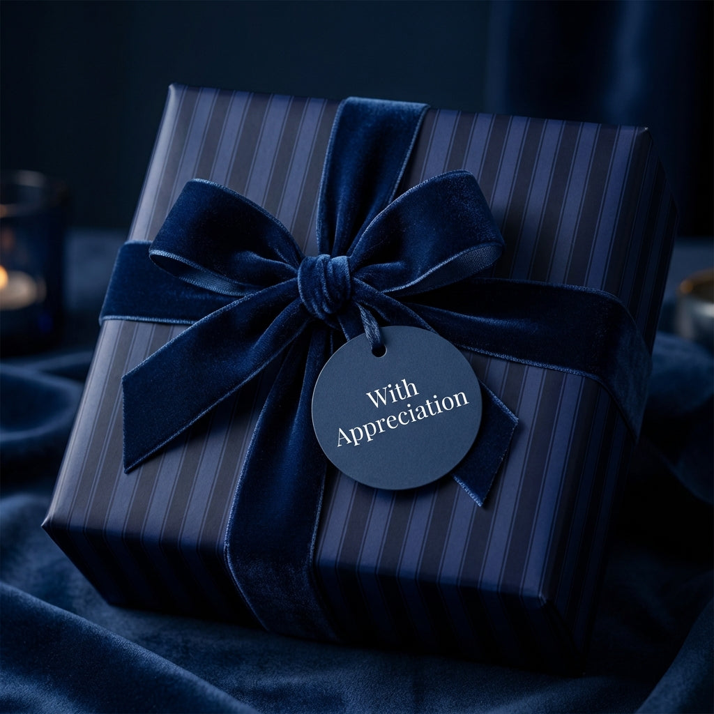 Blue striped gift box with a navy ribbon and 'With Appreciation' tag on a dark background. Christmas wrapping paper.