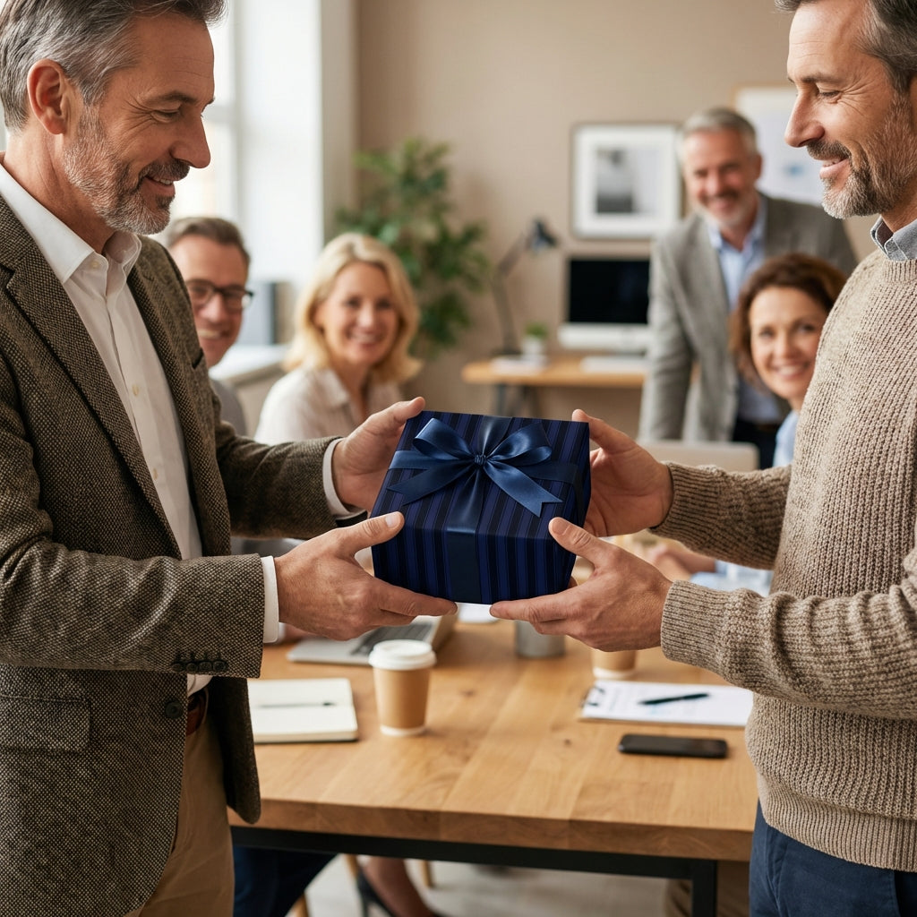 Man presents a navy striped gift box with matching ribbon; colleagues watch on.