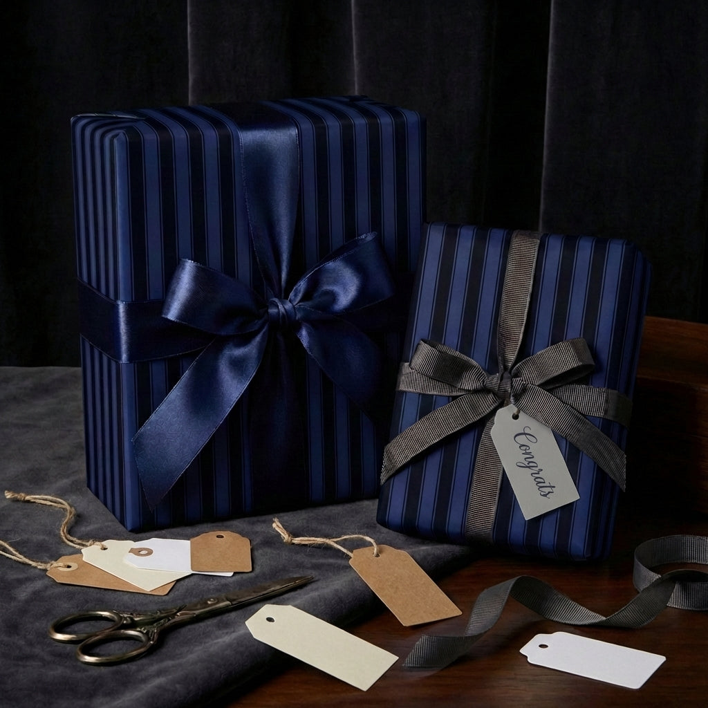 Elegant navy blue striped wrapping paper with ribbon and gift tags for congratulations.