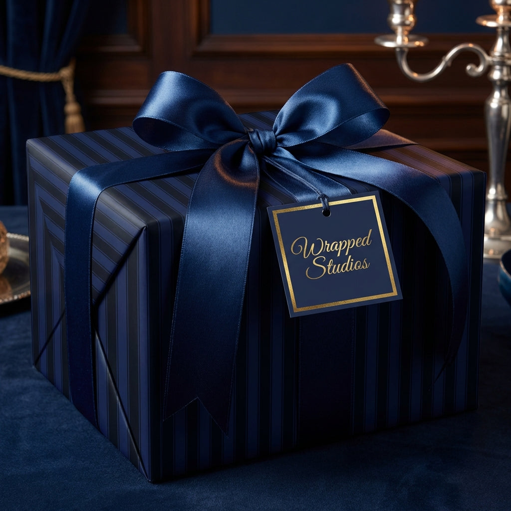 Elegant navy blue striped gift wrapped with satin ribbon bow and gold foil tag, perfect luxury gift wrap.