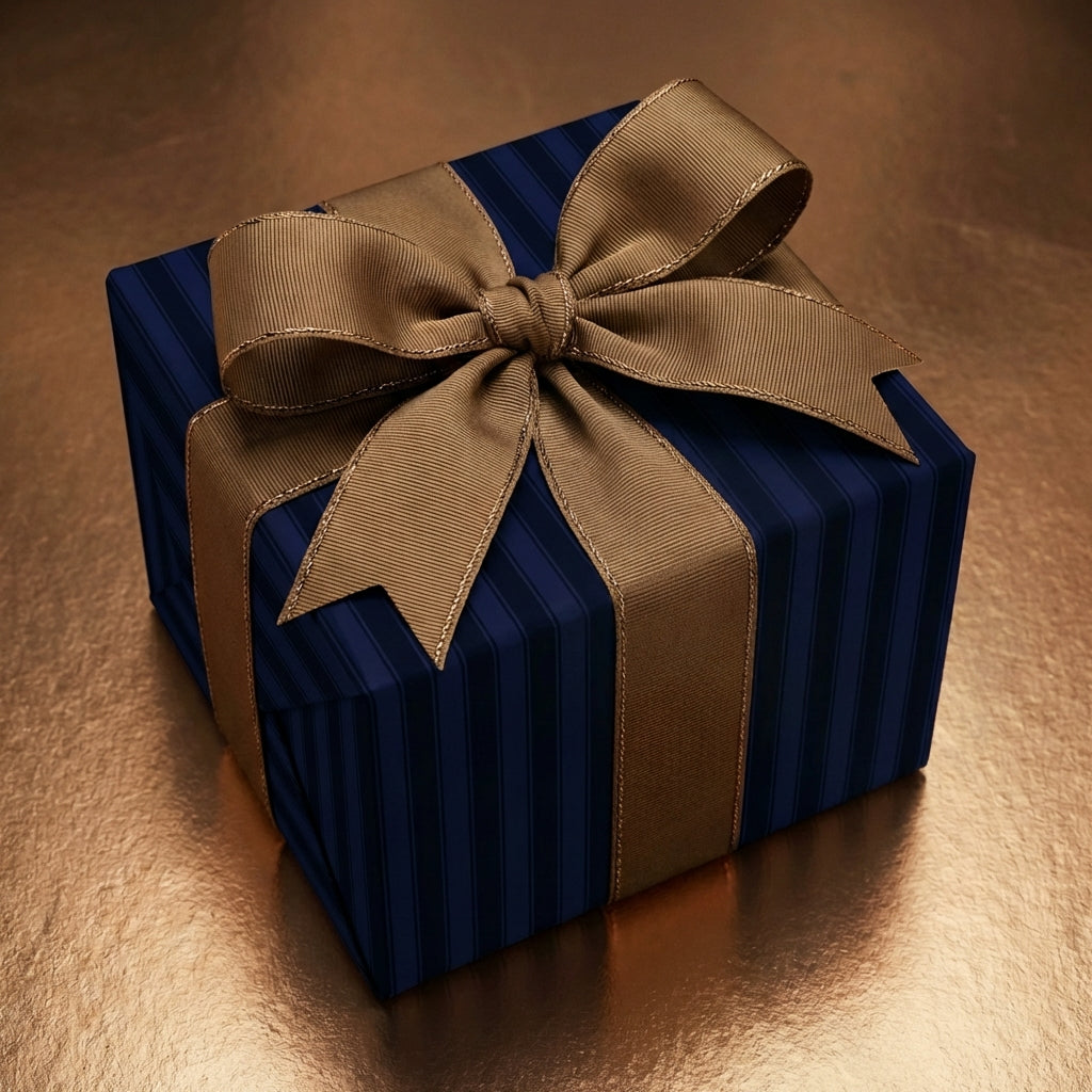 Elegant navy striped wrapping paper with a gold ribbon bow on a gift box.