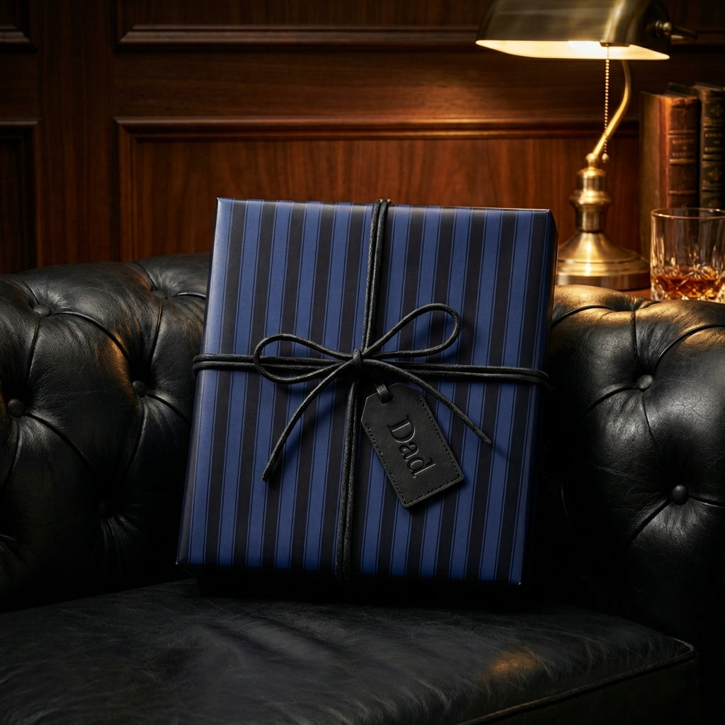 Elegant navy striped wrapping paper with "Dad" tag and black string on a black leather couch.
