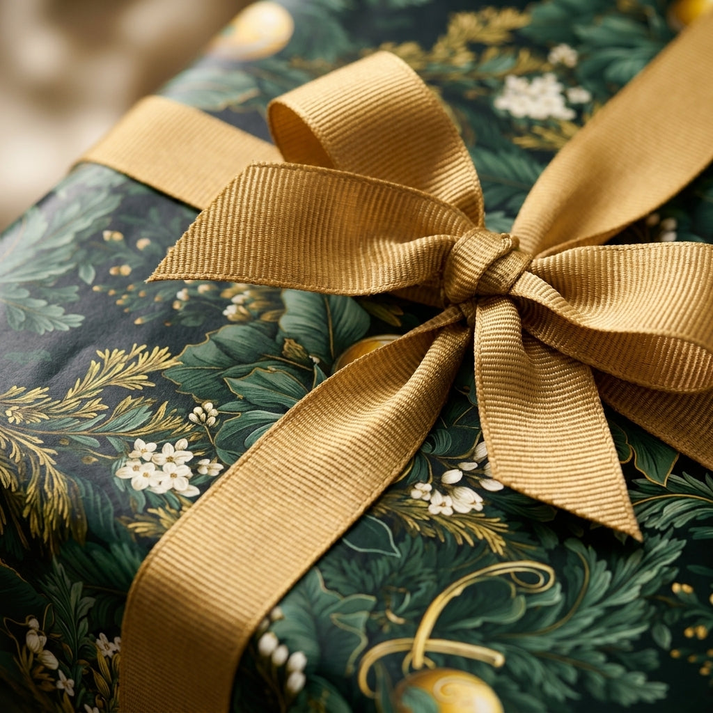 Elegant green floral wrapping paper with a gold ribbon bow on a holiday gift box, by Wrapped Studios.