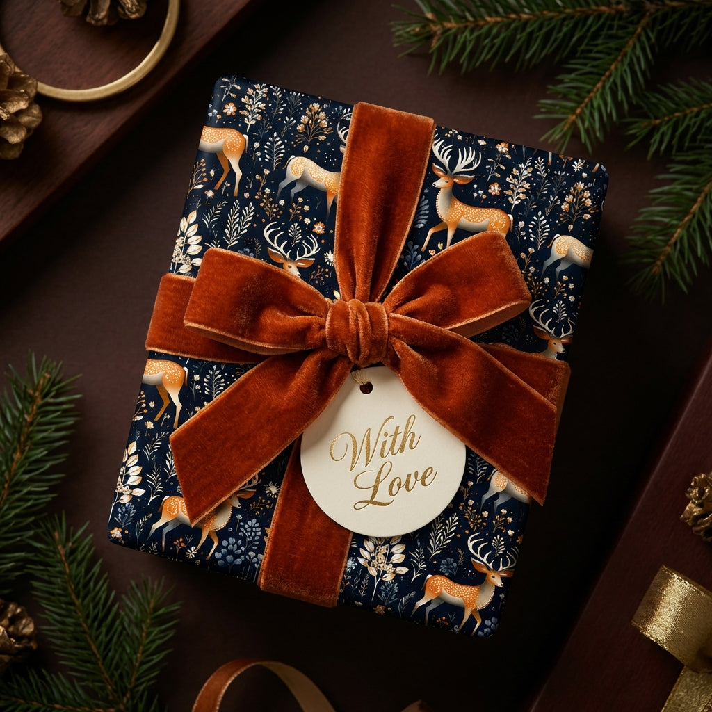 Elegant Christmas gift wrap with deer pattern and velvet ribbon bow from Wrapped Studios.