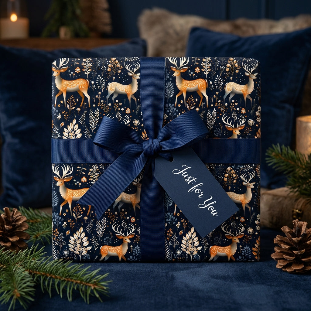 Elegant gift wrapped in dark blue Christmas wrapping paper with deer and a ribbon.