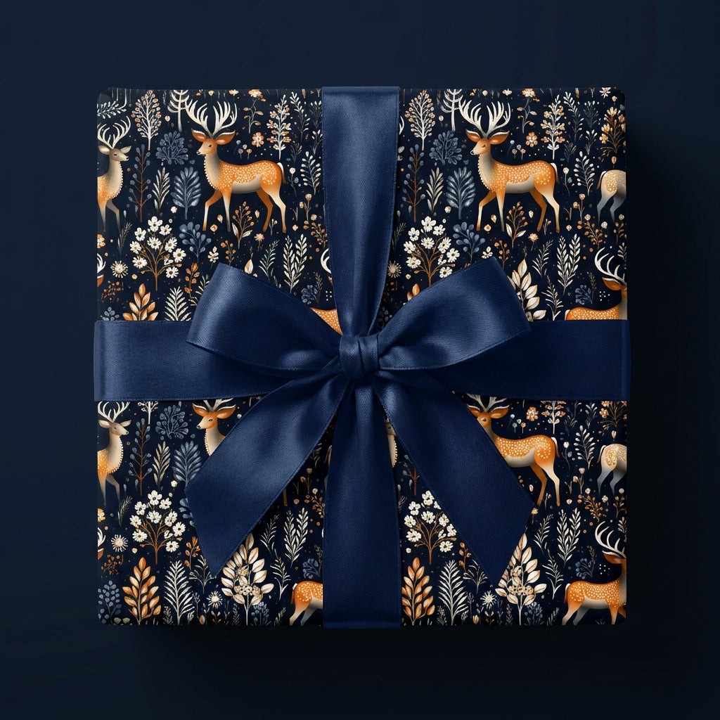 Elegant Christmas gift wrap with deer and floral pattern, finished with a navy satin bow.