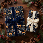 Navy floral wrapping paper with deer and velvet ribbon for Christmas gifts.
