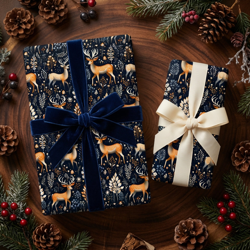 Navy floral wrapping paper with deer and velvet ribbon for Christmas gifts.