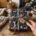 Wrapped Studios: Deer & floral Christmas wrapping paper with grey ribbon.