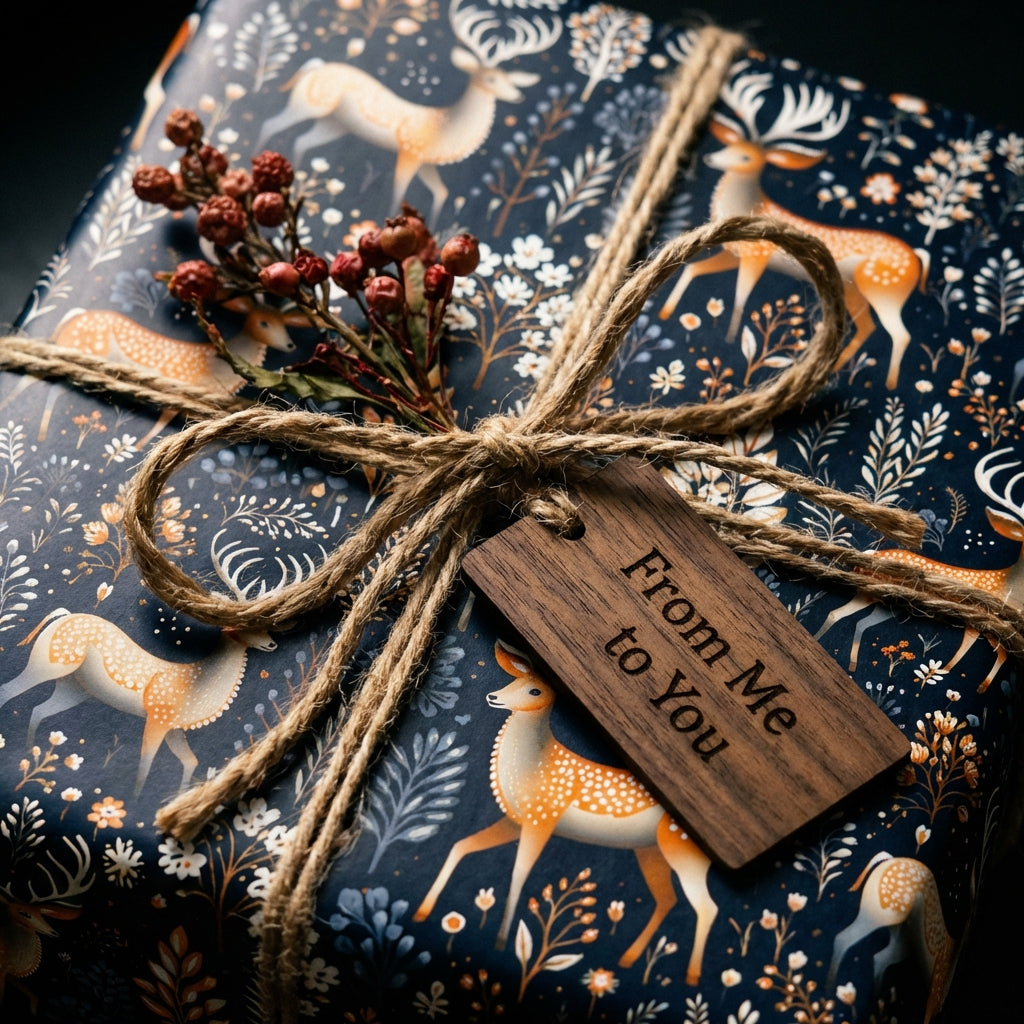 Navy Christmas gift wrap with deer and floral design, tied with jute bow and wood tag "From Me to You."