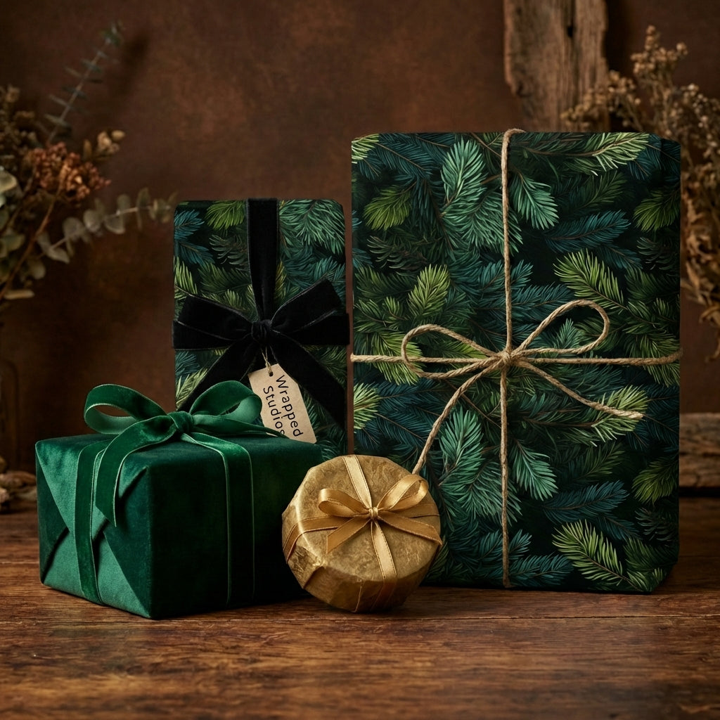 Elegant Christmas gifts wrapped in dark green pine tree wrapping paper and velvet ribbons.