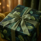 Wrapped gift box with elegant green pine branch Christmas wrapping paper and sage green ribbon.